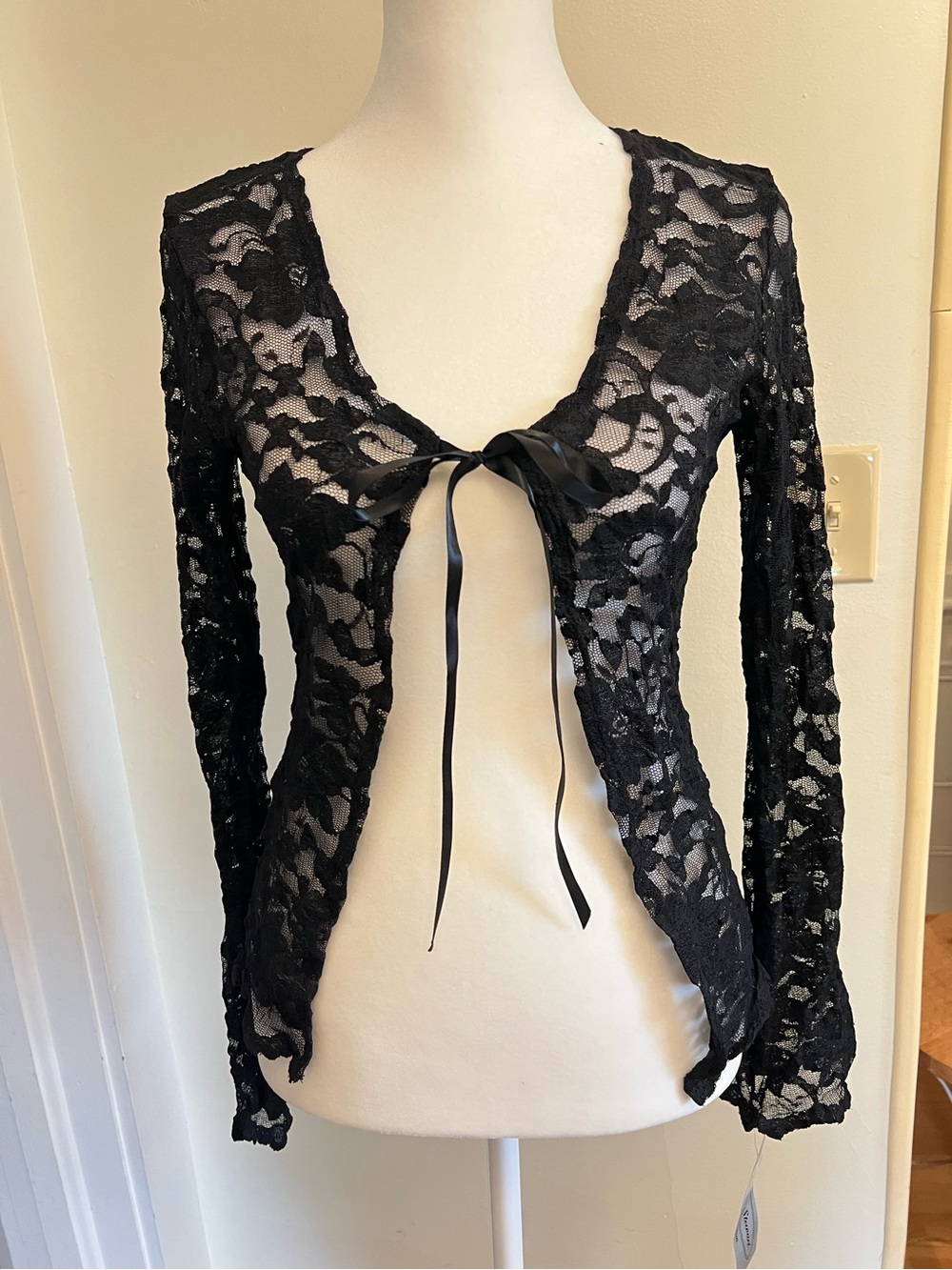 Vintage Y2K Black Lace Tie-Front Sheer Cardigan Small NWT